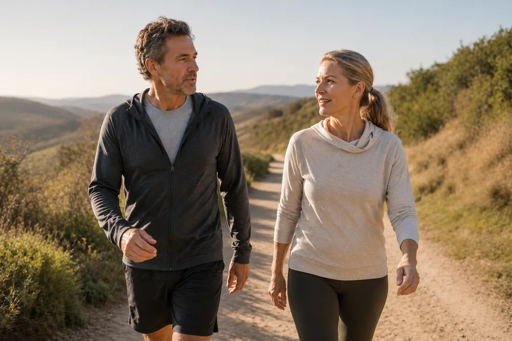 A couple in their forties walking together outdoors